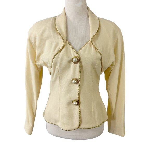 Rescala Formal Jacket Blazer White Wool Crepe Gold Trim Size 10 Vintage 1990s - Picture 4 of 10